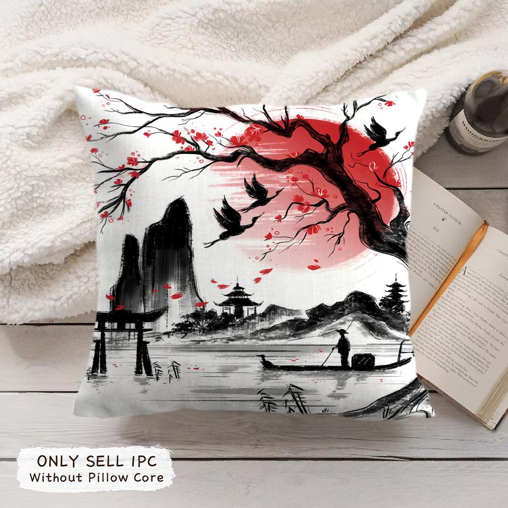 Japanese Pagoda Landscape Cushion Cover Soft Short Plush Pillow Cover Smooth Cozy Texture Aesthetic Cushion Case Home Decor