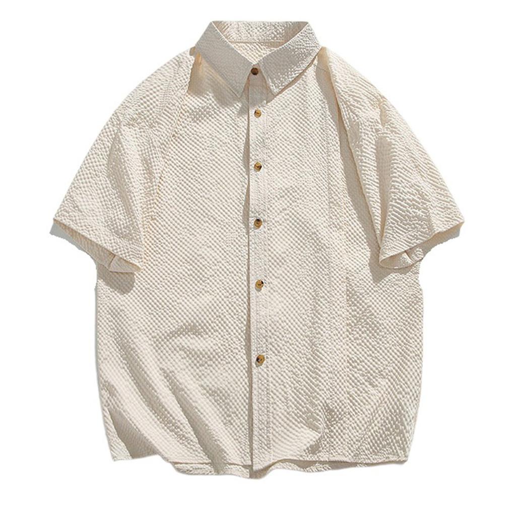Men's Summer Pleated Seersucker Short-sleeved Shirt Light Shirt Cardigan Shirt