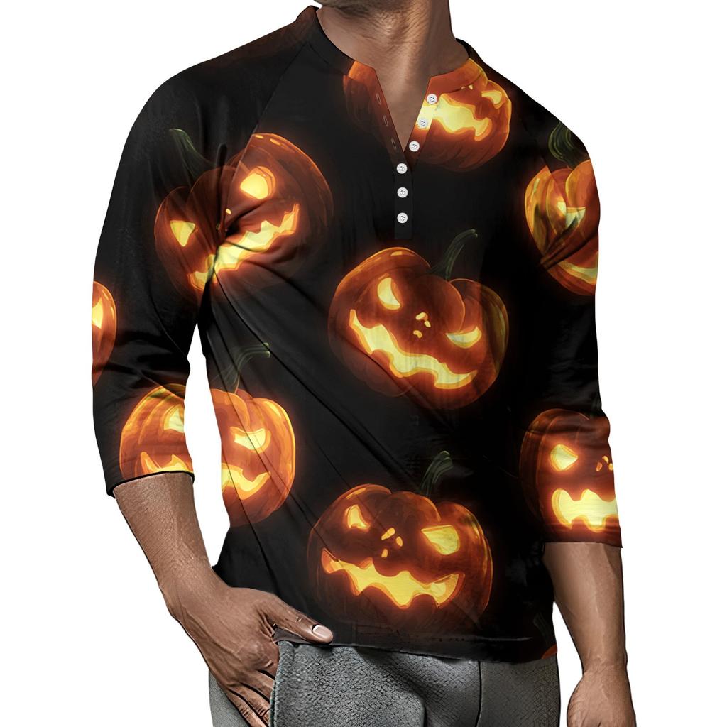 Men's Button-Down Contrast Raglan 3/4 Sleeve Top