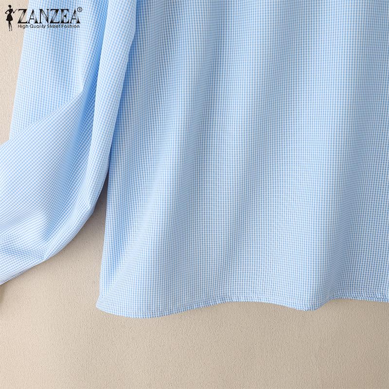 ZANZEA Womens Casual Doll Collar Long Sleeve Loose Patchwork Blouse