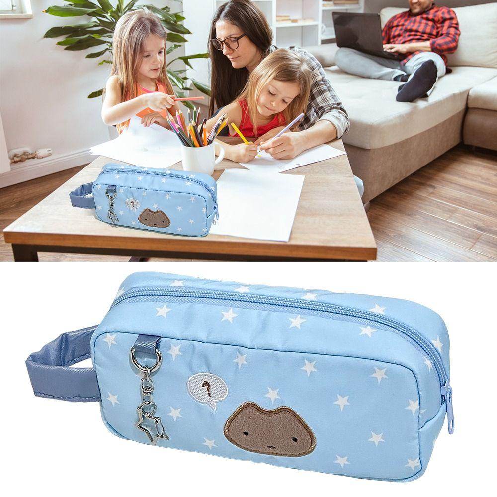 Multifunctional Blue Pen Bag Star Cat Pattern Large Capacity Pencil Case Portable Handheld Stationery Organizer Gift