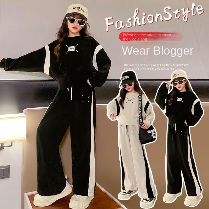 4-12Y Girl's Suit Spring and Autumn Sports Suit Fashion Casual Top + Wide Leg Trousers Two-piece Set
