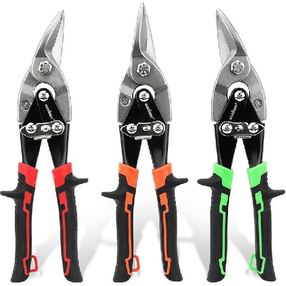 HORUSDY 3 Pack Aviation Tin Snips Set, 10 Inch Metal Straight Cut, Left Cut, Right Cut for Cut Sheet Metal, Chrome Vanadium Steel 3PCS 10INCH Aviation Tin