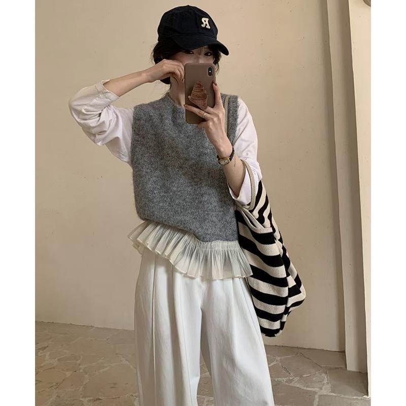 Korean Petite Lace Patchwork Knitted Sweater Vest