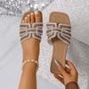Fashion Women Rhinestone Slippers Summer Outdoor Slippers Fashion Non-Slip Beach Shoes Comfortable Flat Square Heel Sandals Slides Women