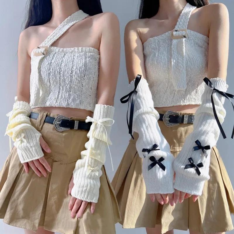 1pair Female  Fashion Arm Warmers Bowknot Soft Knitted Gloves Women Girl Half Finger Mittens Solid Color Thicken Arm Sleeves