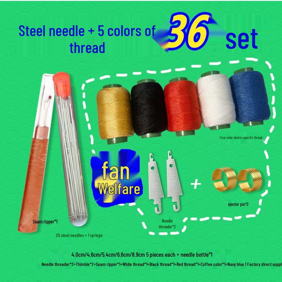 36-Piece Hand Sewing Kit: Large-eye Steel Needles, 5 Thread Colors, Threader, Thimble, Seam Ripper