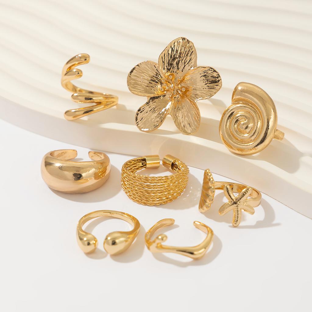 Summer Vacation Starfish Scallop Open Ring Set for Women Men Gold Color Glossy Alloy Flower Adjustable Ring Jewelry Gift