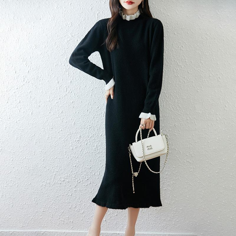 Women Sweater Dress 100% Wool TIDENOVEL Turtleneck Knit Long Pullover Winter Jumpers Wool Long Dress Female