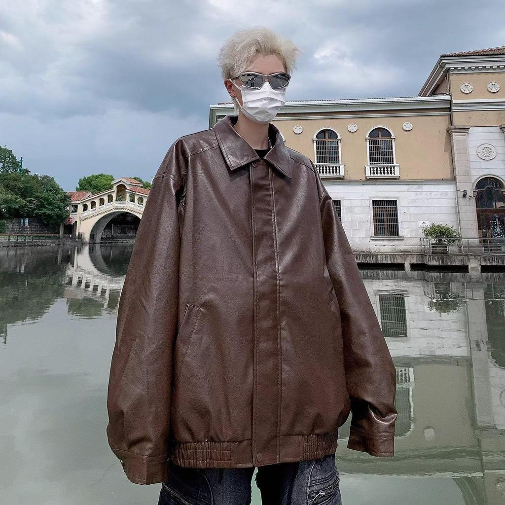 Men's Japanese Retro Leather Motorcycle Jacket - Spring/Autumn Streetwear, Trendy Loose Fit, Cool Lapel Style.