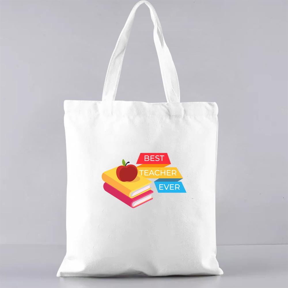 Fashion Shopping Bag Handbag Commuter Casual Shoulder Bag Reusable Canvas Bag White Cartoon Teacher Pattern Printing Tote Bag