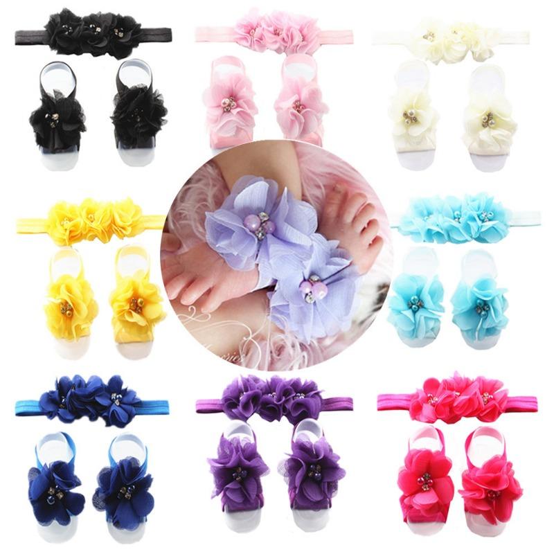 

Candy color new children s hand-sewn chiffon rhinestone head flower, headband, foot flower set, baby wrist flower.