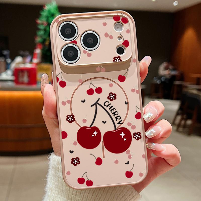 Cartoon Cherry Print Magnetic Phone Case For iPhone 17 Pro Max 16 15 14 13 Pro Max For Magsafe Wireless Charge TPU PC Back Cover
