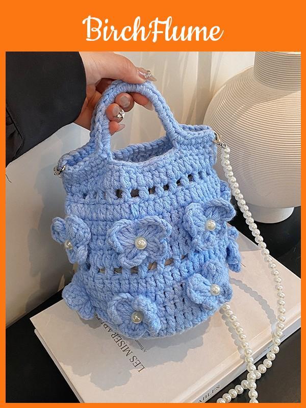 Handwoven Knit Bucket Bag For Daily Use With Splicing And Hollow Design