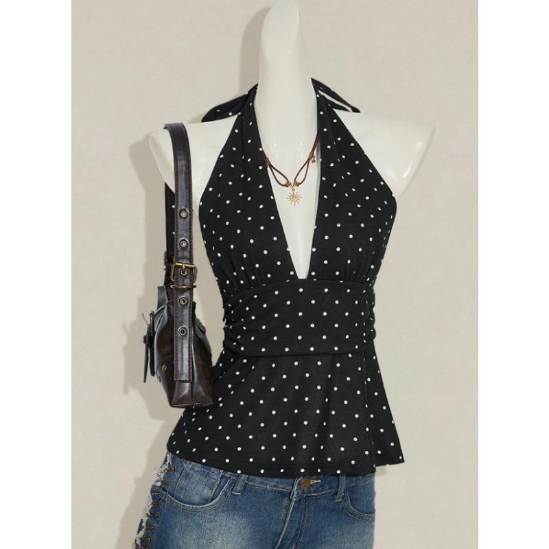 Women Halter Tie Back Backless Short Ruched Fitted Summer Camisole