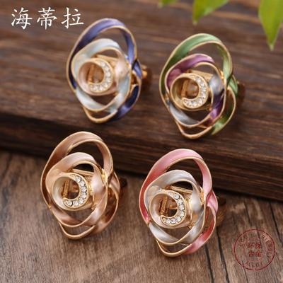 New Color Painting Oil Geometric Hollow Diamond Flower Elastic Ring, High-end Women's Versatile Ring
