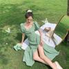 French Square Collar Floral Dress Women's Summer New Korean Version Temperament Thin Split-ended Bubble Sleeve Skirt