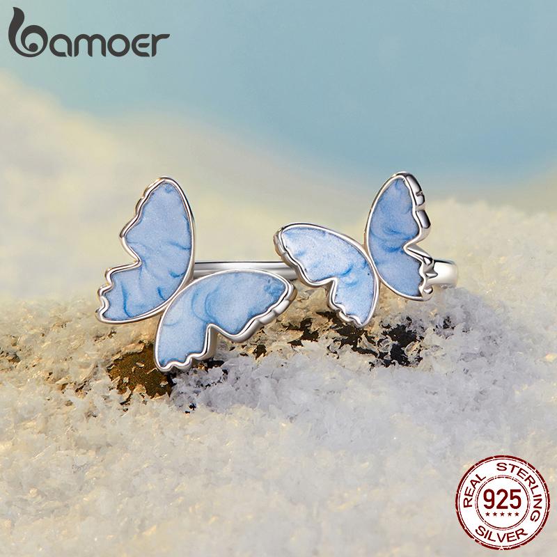 BAMOER 925 Silver Blue Butterfly Adjustable Ring, White Gold Plated Promise Christmas Cute Rings Dainty Chic Jewelry