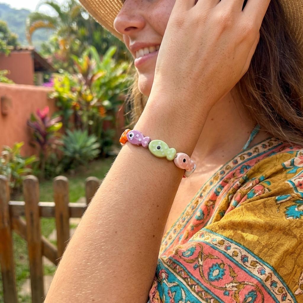 Colorful Bohemian Fish Ceramic Bracelet for Women Lucky Beaded Stretch Handmade Elastic Bracelet Unique Beach Jewelry Gift