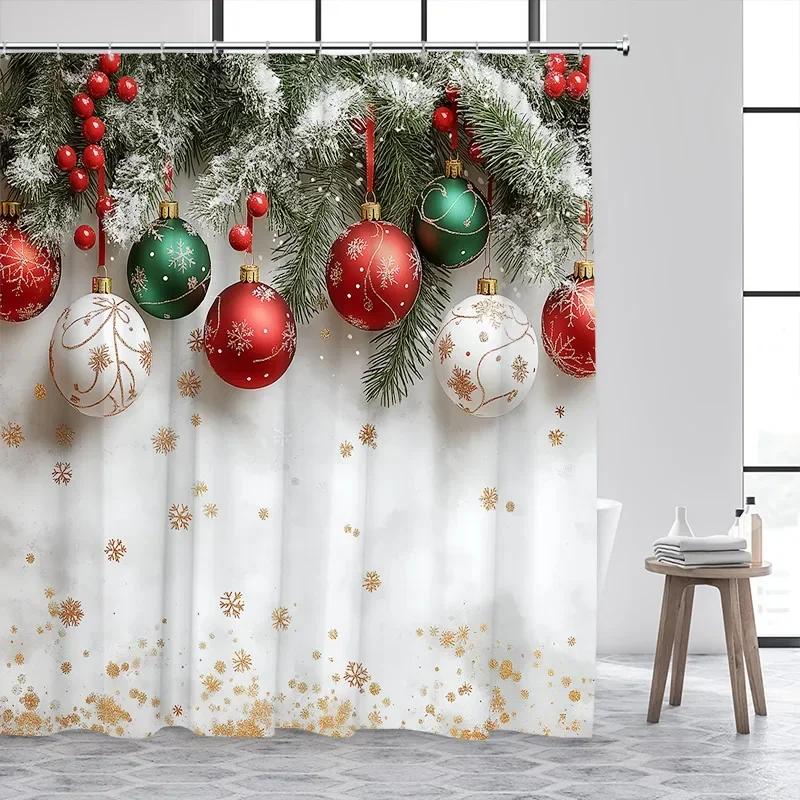 Christmas Balls Shower Curtain Green Pine Boughs Gold Stars Snowflakes New Year Xmas Bath Curtain Home Bathroom Decor With Hooks
