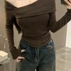 Slant Neck Off-the-shoulder T-shirt Women's Korean Version Slim-fitting and Thin Pleated Long-sleeved Top