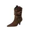 258-2 Retro Schlichte Cowboy-Stiefel Damen 2025 Frühling und Herbst Neu Spitz Dick Absatz Plissierte Kurze Ritterstiefel