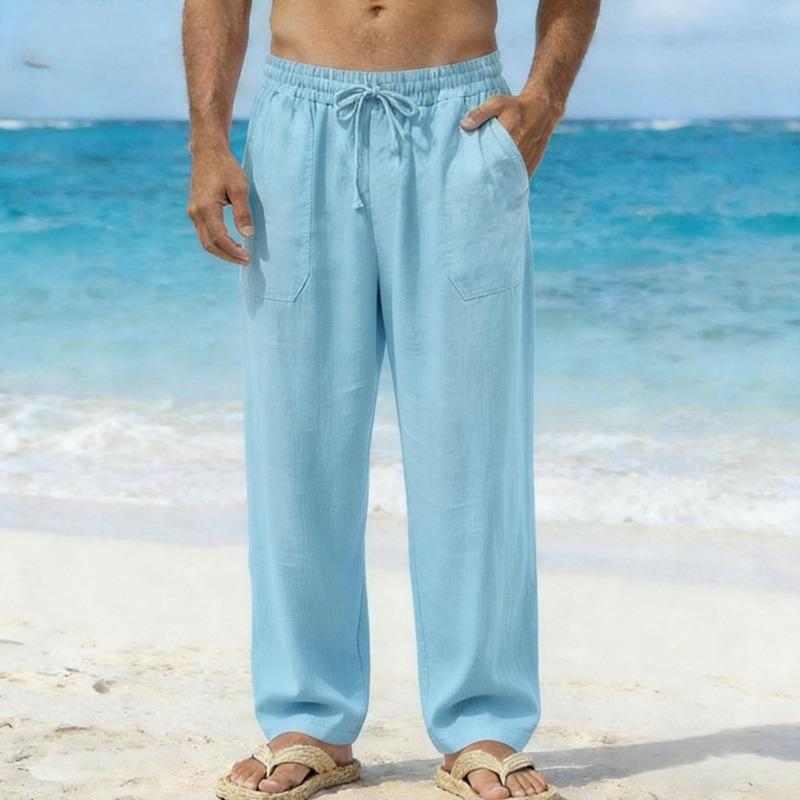 Pantaloni da Spiaggia da Uomo in Misto Lino Bianco Vita con Coulisse Pantaloni Casual
