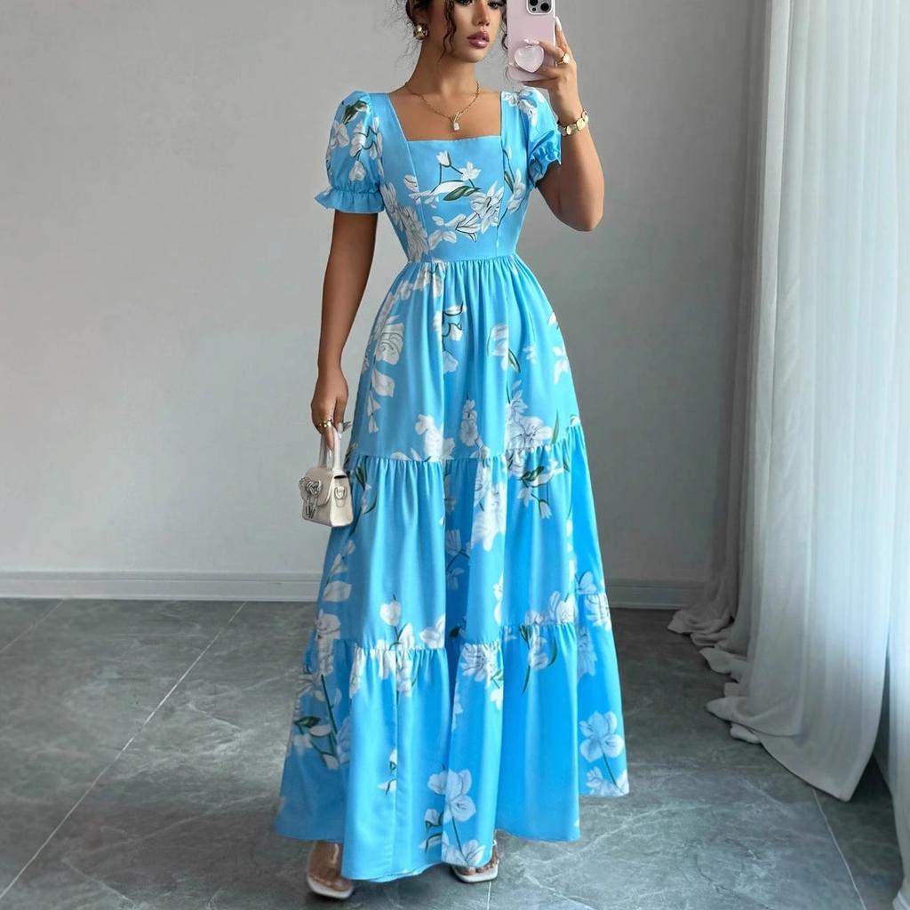 Europe, America, New Long Dress Square Neck Dress Flower Print Elegant Temperament