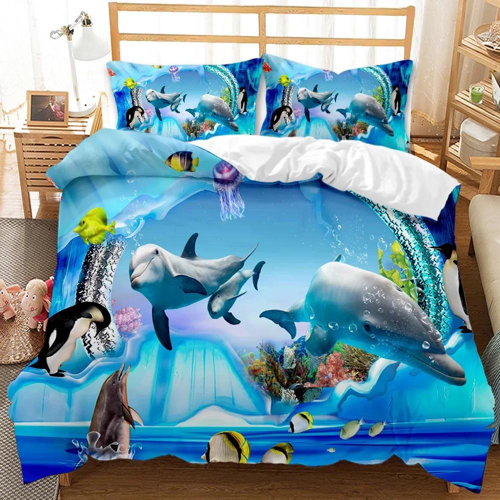 Hai-Bettwäsche-Set, Kingsize, für Mädchen und Jungen, tropische Meereslebewesen, Ozeanfische, Meeresschildkröte, Regenbogenfarben, Korallen-Polyester-Bettbezug