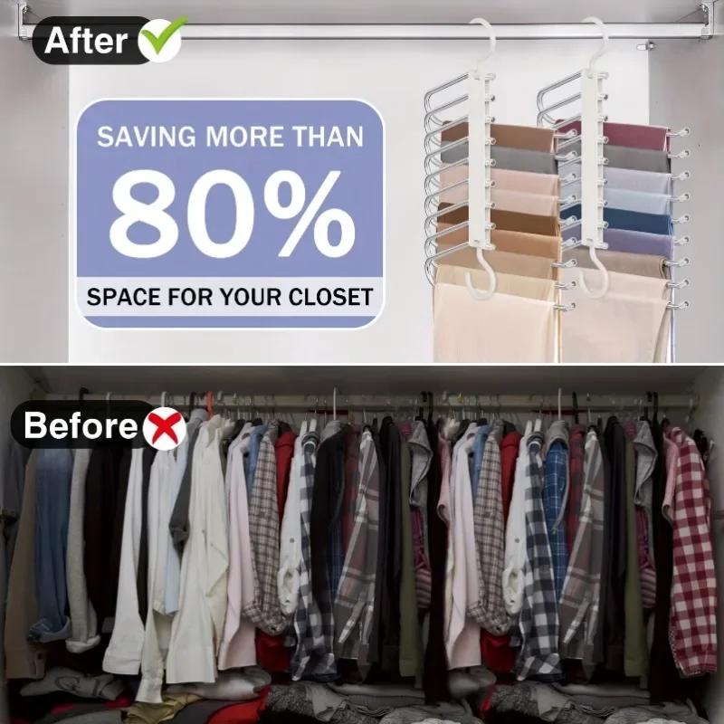 9-Poziomowy Antypoślizgowy Stalowy Wieszak na Spodnie – Oszczędzający Miejsce, Wielowarstwowy do Organizacji Szafy na Dżinsy, Legginsy i Spódnice