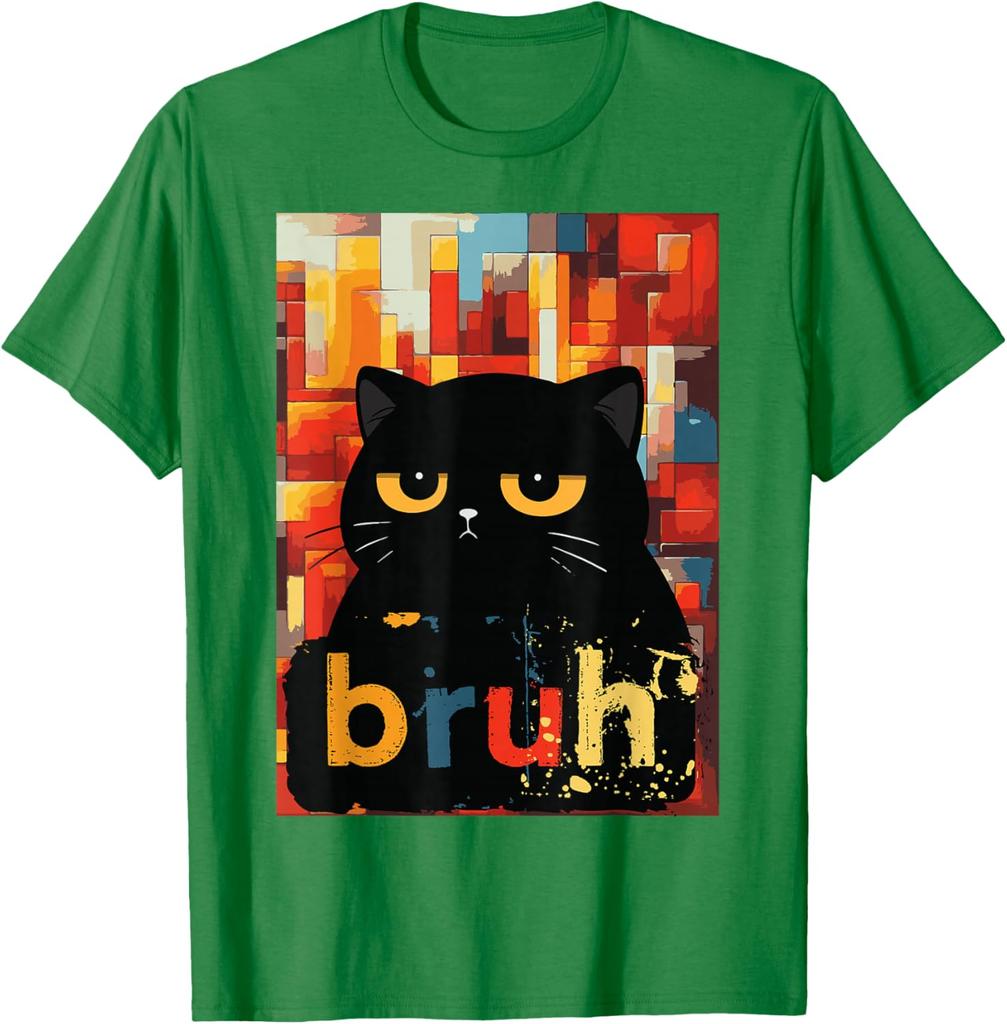 Bruh Black Cat Funny Meme Graphic TShirt Casual Short Sleeve Cotton Crew Neck Tee