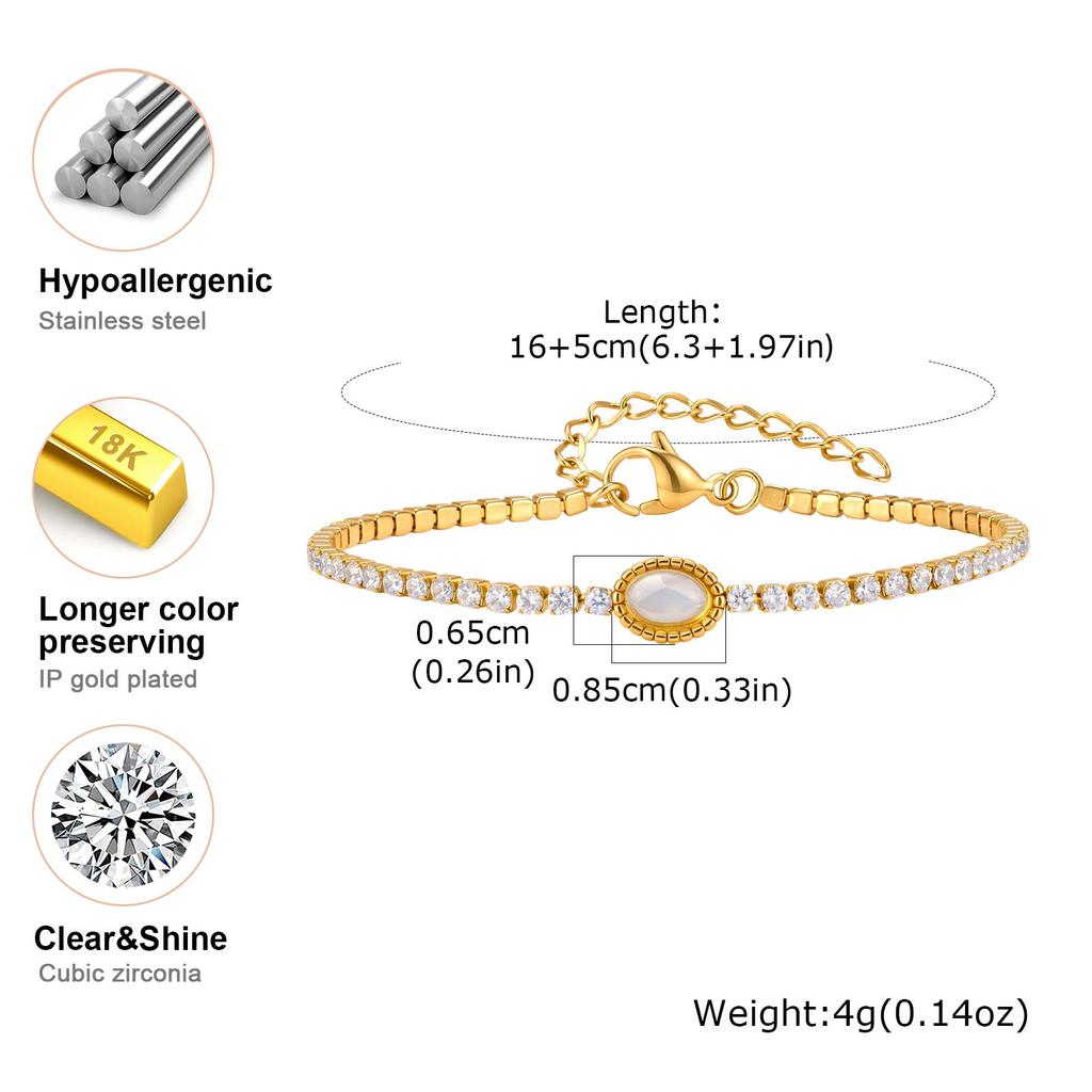 Dainty Moonstone Tennis Bracelet for Women Stainless Steel CZ Crystal Chain Bracelets Zircon Vintage Jewelry Gift for Her