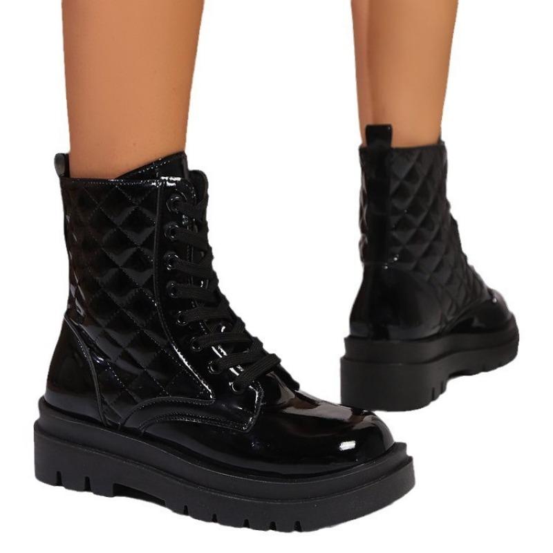 Plus Size Bright Leather Black Martin Boots New Mid-length Platform Lace-up Versatile Women's Boots for Autumn and Winter