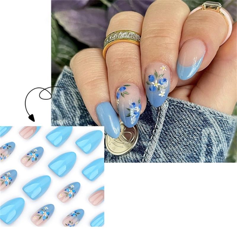 24 Pcs Solid Color False Nail Flowers Artificial Nail French Tip Stick On Nail Glossy Press On Nail for Woman