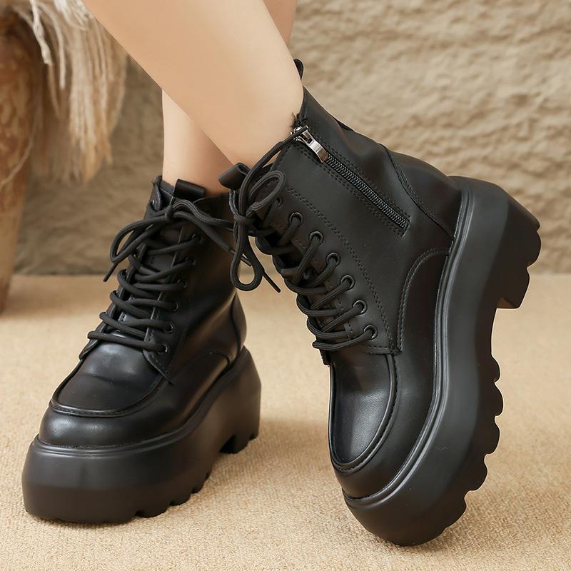 Women Autumn Winter Thick Sole Ankle Boots Fashion Black Chunky Platform Combat Boots Woman Non Slip Zip PU Leather Botas Mujer