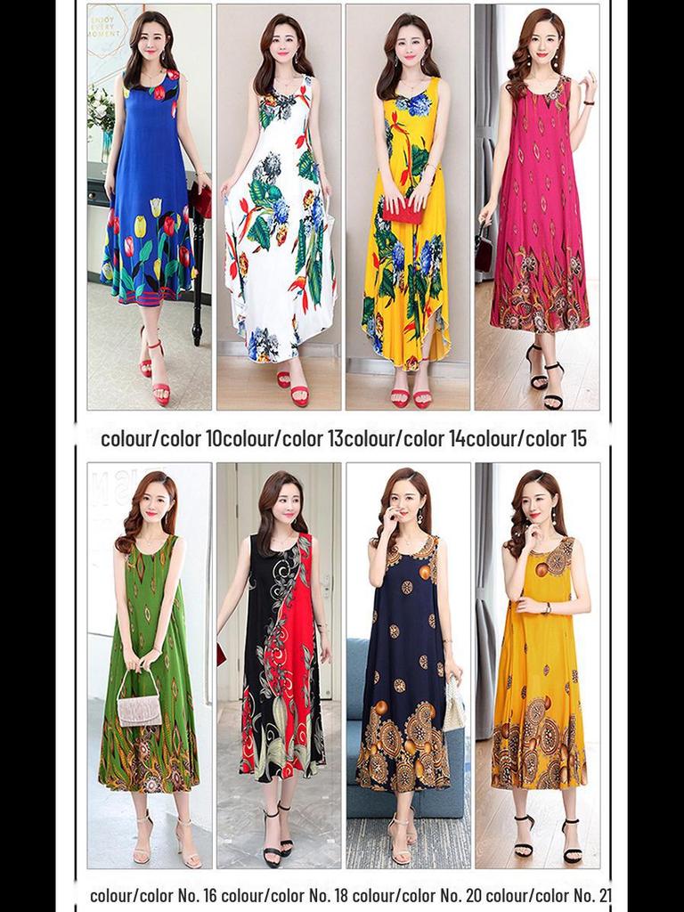 Sleeveless Silk Cotton Dress for Middle-Aged Mothers - Slim Fit, Large Size, Beach Dress for Summer