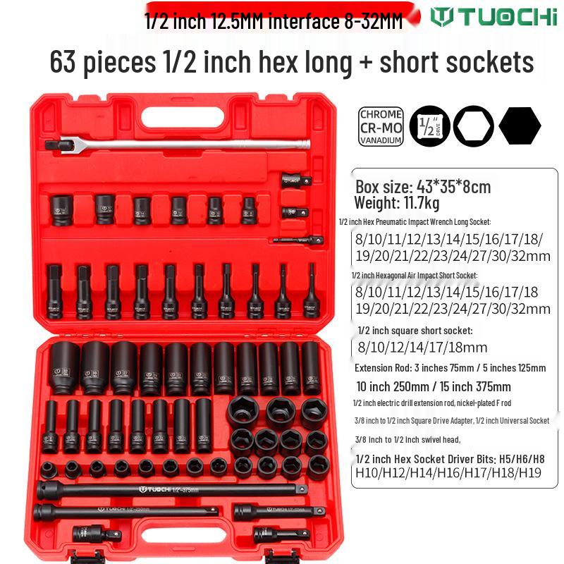 63-Piece Pneumatic Hex Socket Set: 1/2  Air Wrench, Ratchet, Drive Socket, Auto Repair Tool