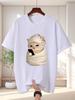 Unisex Black Tee Cozy Sleepy Cat Using Phone Cute Cartoon Print Crew Neck Short Sleeve Summer Casual Male Cotton Street Daily Top