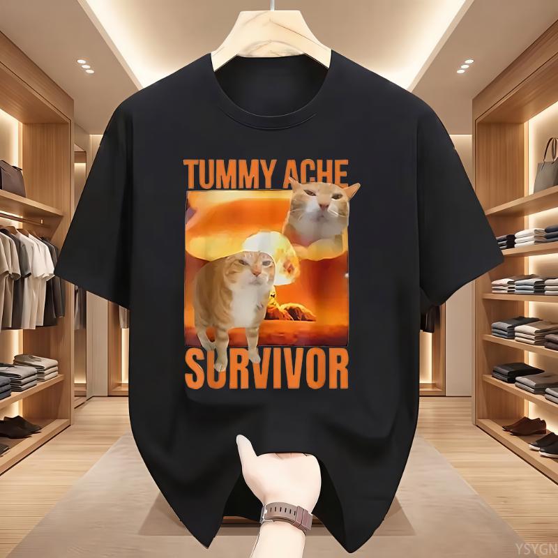Tummy Ache Survivor Cat Funny Retro Casual Round Neck Pure Cotton Shortsleeved Tshirt Unisexs Summer Fashion Trend Breathable Top