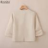 ZANZEA Women Casual V-Neck Loose 3/4 Sleeve Plain Blouse