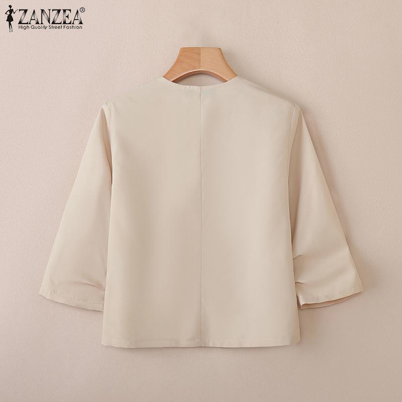 ZANZEA Women Casual V-Neck Loose 3/4 Sleeve Plain Blouse