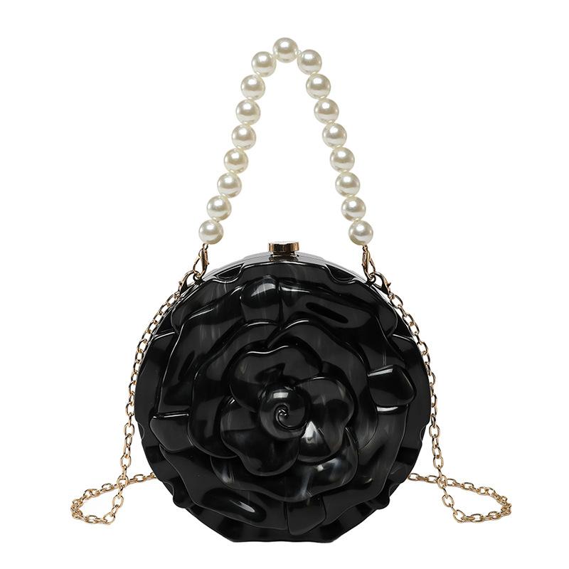 

Chain flower acrylic women s bag 2025 new European and American niche shoulder bag pearl handbag dinner bag tide чёрный