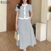 ZANZEA Women Short Sleeve Blouse and Long Skirts Plaid Print Two Piece Suit Sets