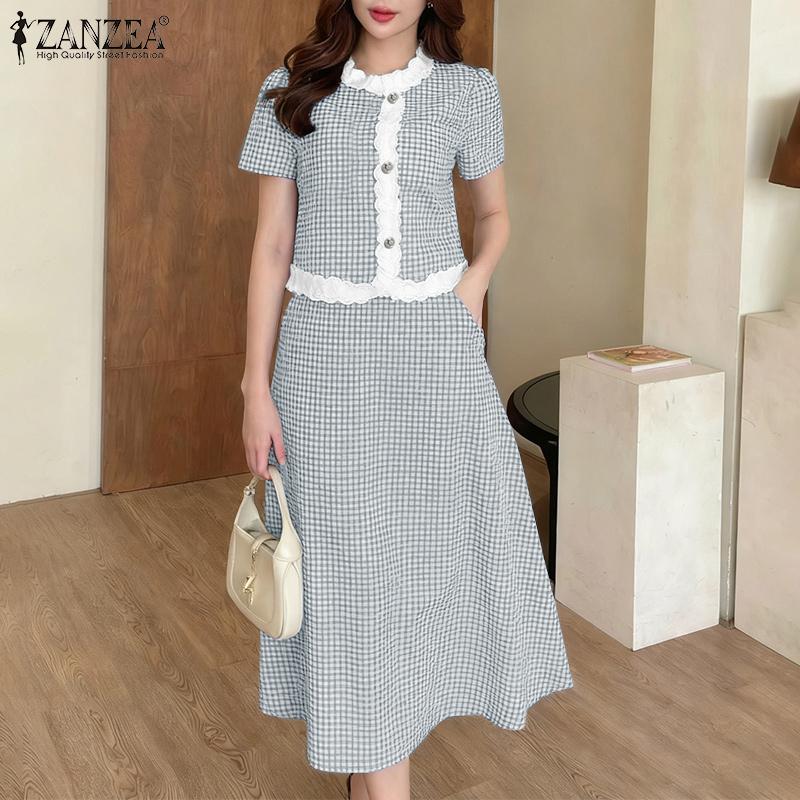 ZANZEA Women Short Sleeve Blouse and Long Skirts Plaid Print Two Piece Suit Sets