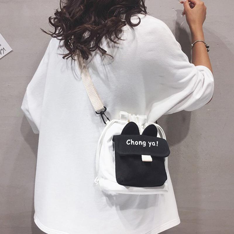 Cute Canvas Bag New Solid Color, Small Ear Crossbody Bag Women's Ins Style Large Capacity Crossbody Bag