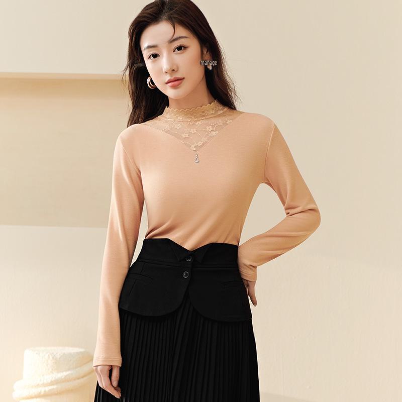 

Женский кружевной топ с полувысоким воротником — облегающий крой, отделка бархатом, теплый базовый слой для осени/зимы 2024 г. One Size (suitable for 100-140 jin) абрикосовый