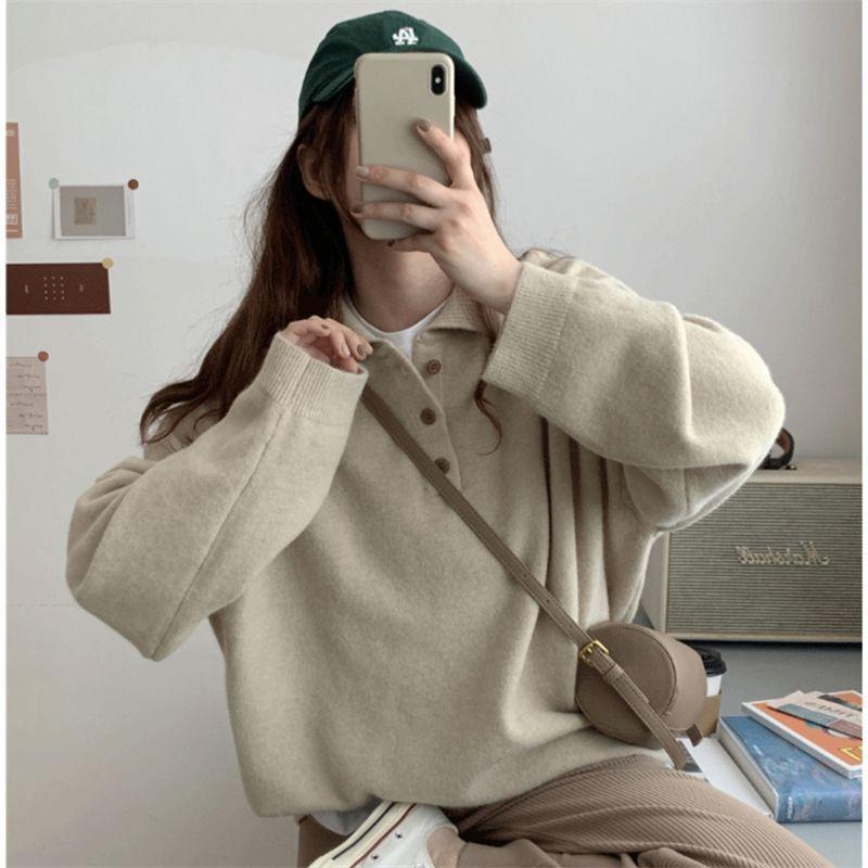 College style loose sweater wearing versatile long-sleeved pullover polo lapel button-knitted bottoming shirt top