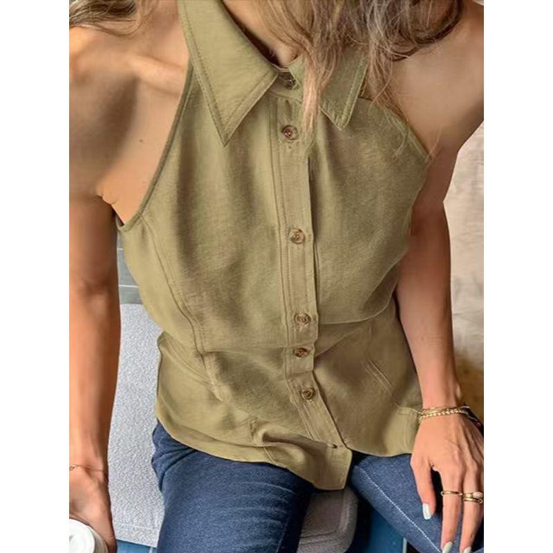 Western Style New Sleeveless Lapel Hanging Neck Sling Simple Slim fit Backless Top Sexy Backless Top