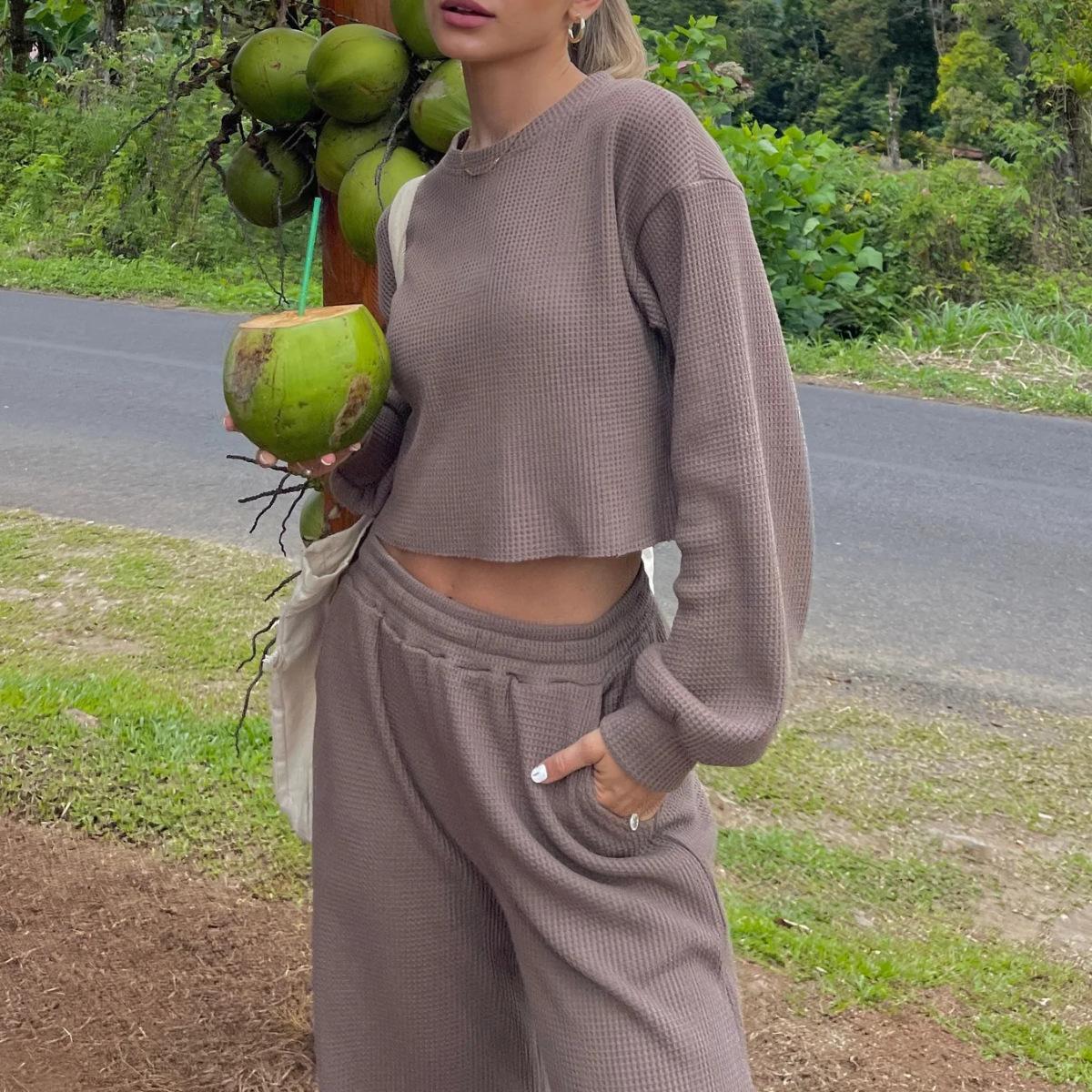 

Женский однотонный костюм с длинным рукавом и круглым вырезом, свободный топ, широкие брюки, осень-зима L кофейный