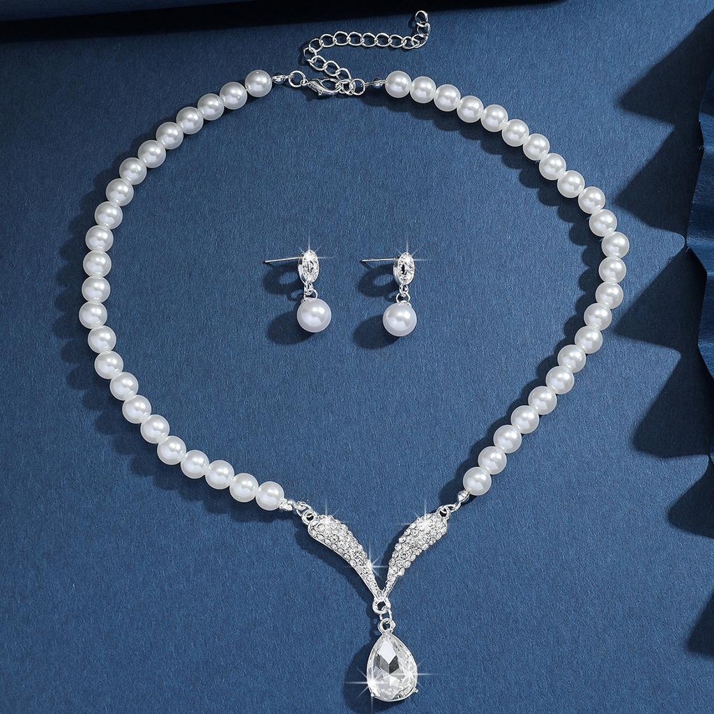 3PC Women's Fashion Trend Pearl Droplet Necklace Earrings Zircon Set Wedding Banquet Party Festival Gift